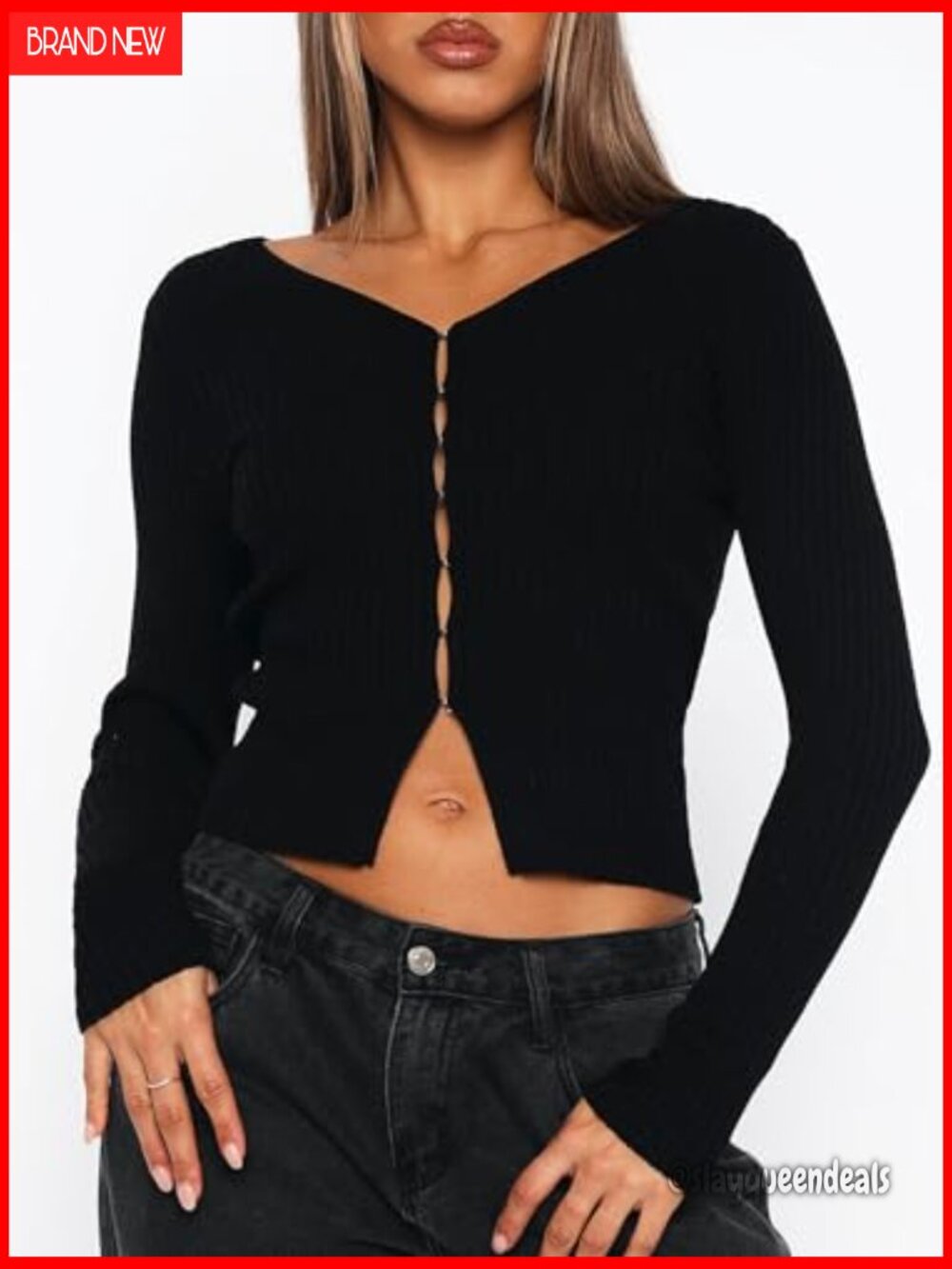 V Neck Long Sleeve Cropped Cardigan Going Out Top Y2k Ribbed Knit Open Front - Picture 4 of 7